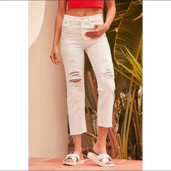 Levi Wedgie Straight White Distressed Denim High-Rise Cropped Jeans - Picture 5 of 16